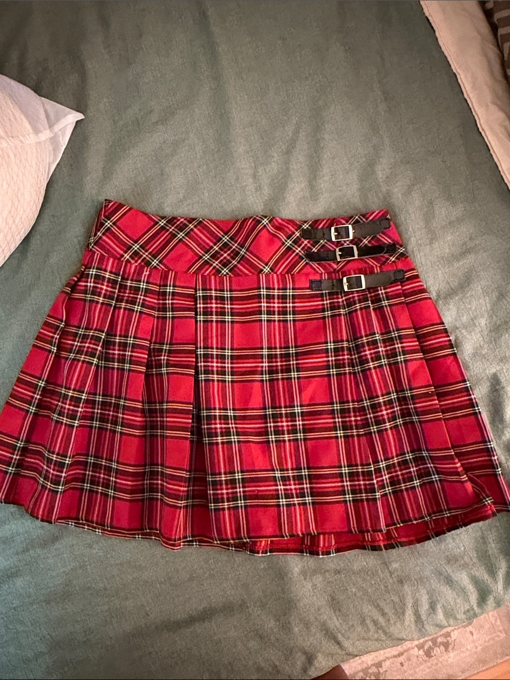 Red Plaid Pleated Mini Skirt with Side Buckles